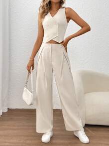 Chiquease Ladies V-Neck Double-Breasted Sleeveless Blazer With Solid Color Trousers Casual Suit Set - Apricot - View 1