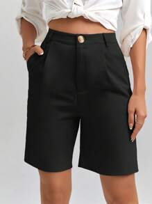 SHEIN Clasi Solid Color Buttoned Mid-Length Casual Shorts With Pockets For Spring And Summer
