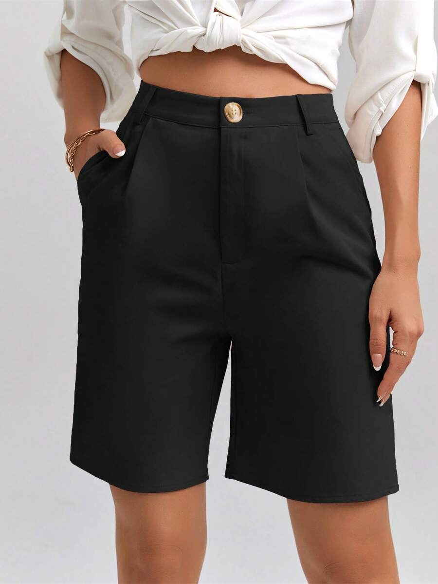 SHEIN Clasi Solid Color Buttoned Mid-Length Casual Shorts With Pockets For Spring And Summer