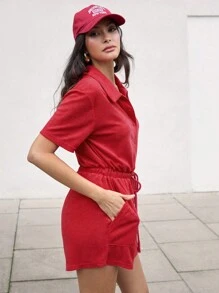 COSMINA 女性夏季休閒純色束腰連身褲 - 紅色 - 查看 5