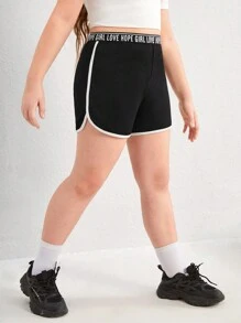 SHEIN Shorts deportivos de ocio con parches tejidos y patas anchas en tallas ampliadas para niña preadolescente de primavera y verano