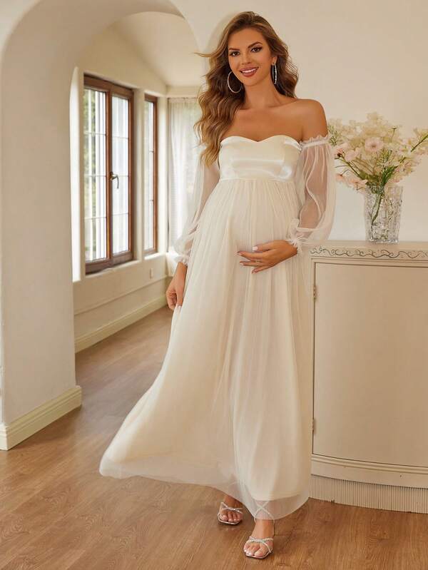 Joyfunear Sukienka ciążowa w jednolitym kolorze z siateczki z odkrytymi ramionami, elegancka, na imprezę