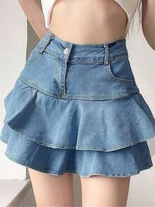 女性時尚Y2K雙層邊條牛仔迷你裙