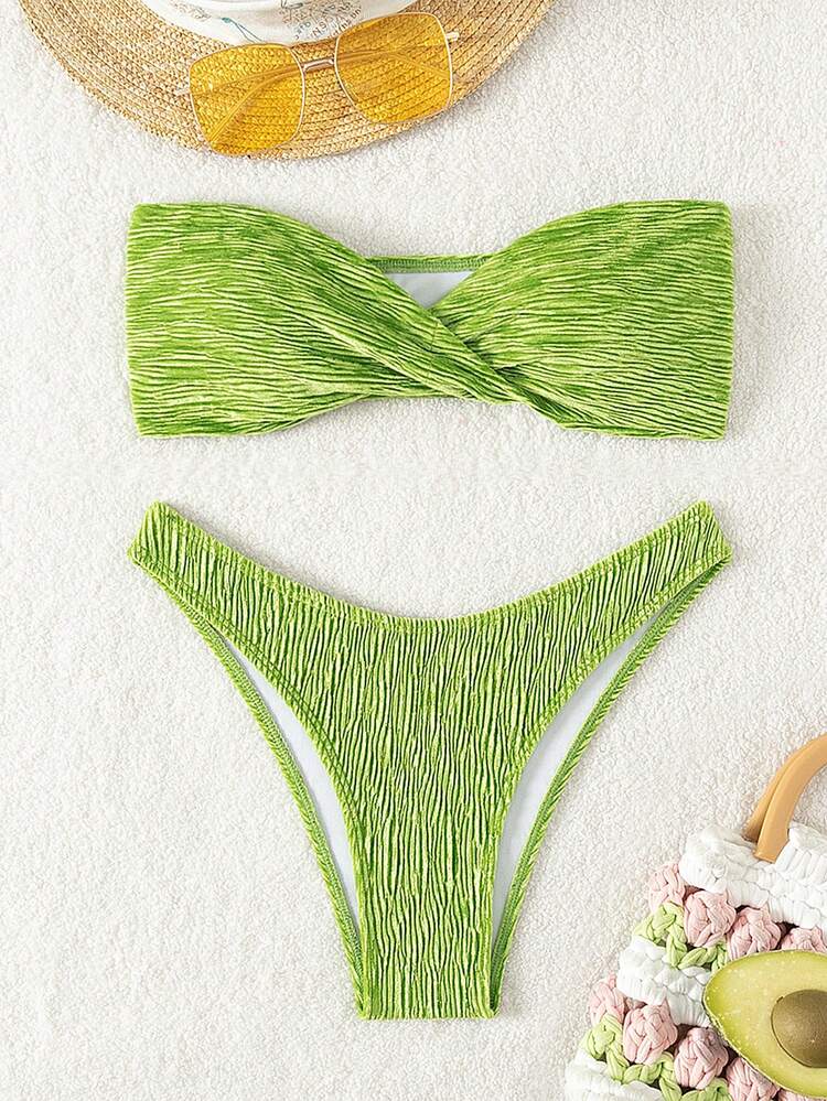 Women Twist-Front Bandeau Sexy Bikini Set Swimwear For Vacation, Separate Bikini Set,Summer Beach