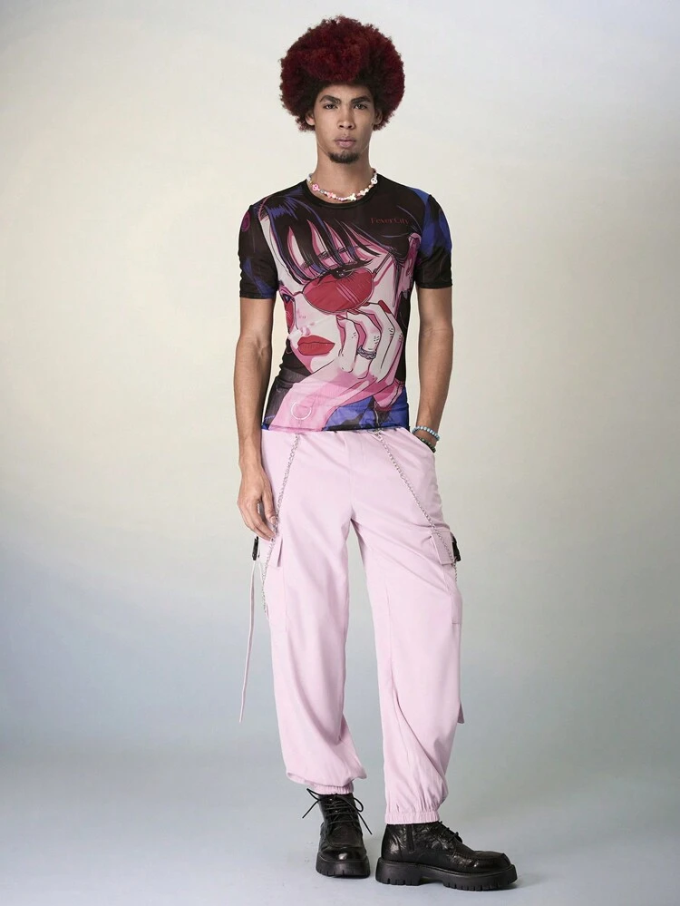 Men Casual Solid Color Chain Decorated Jogger Cargo Pants
