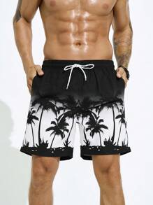 Manfinity Shorts de plage imprimés ombrés avec des arbres de noix de coco pour hommes de grande taille, shorts décontractés de vacances