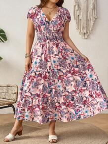 Breezaya Plus Size Women Vacation Floral Print Long Elegant Dress With Bubble Sleeves And Waist Tie Maxi Women Outfit