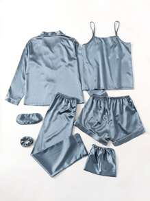 7pcs Contrast Binding Satin PJ Set / Pajama Set, Vacation