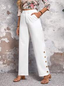 EMERY ROSE Women Fashionable Loose Jeans With Solid Color And Button Decorated - White - View 4