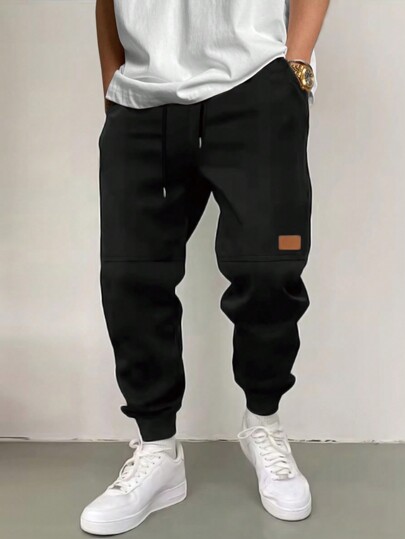 Manfinity Homme Pantalones de chándal con detalle de parche, bolsillo con solapa y cintura con cordón para hombre