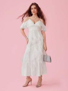 Enchnt 女士夏季優雅長裙，純色拼接，多層荷葉邊設計 - 白色 - 查看 3