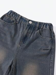 Tween Girl Vintage Phong Cách Mỹ Washed Wrinkle Loose-Fit Quần Jean Phong Cách Đường Phố - Rửa nhẹ - Xem 6