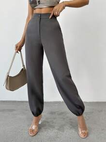 EURMUSE Women Double Buttoned Grey Pants With Elastic Leg Details - Grey - View 5
