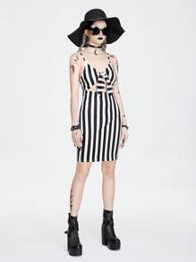 ROMWE Goth Sexy Tight-Fitting Black And White Striped Spaghetti Strap Dress With Front Knot