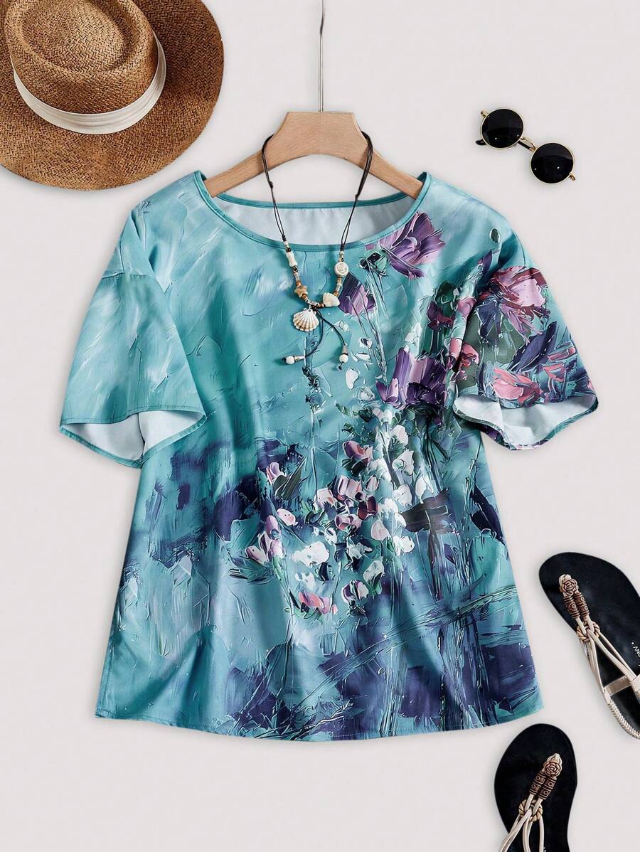 SHEIN LUNE Damen Rundhals bedrucktes lässig Frühling/Sommer Kurzarm Shirt
