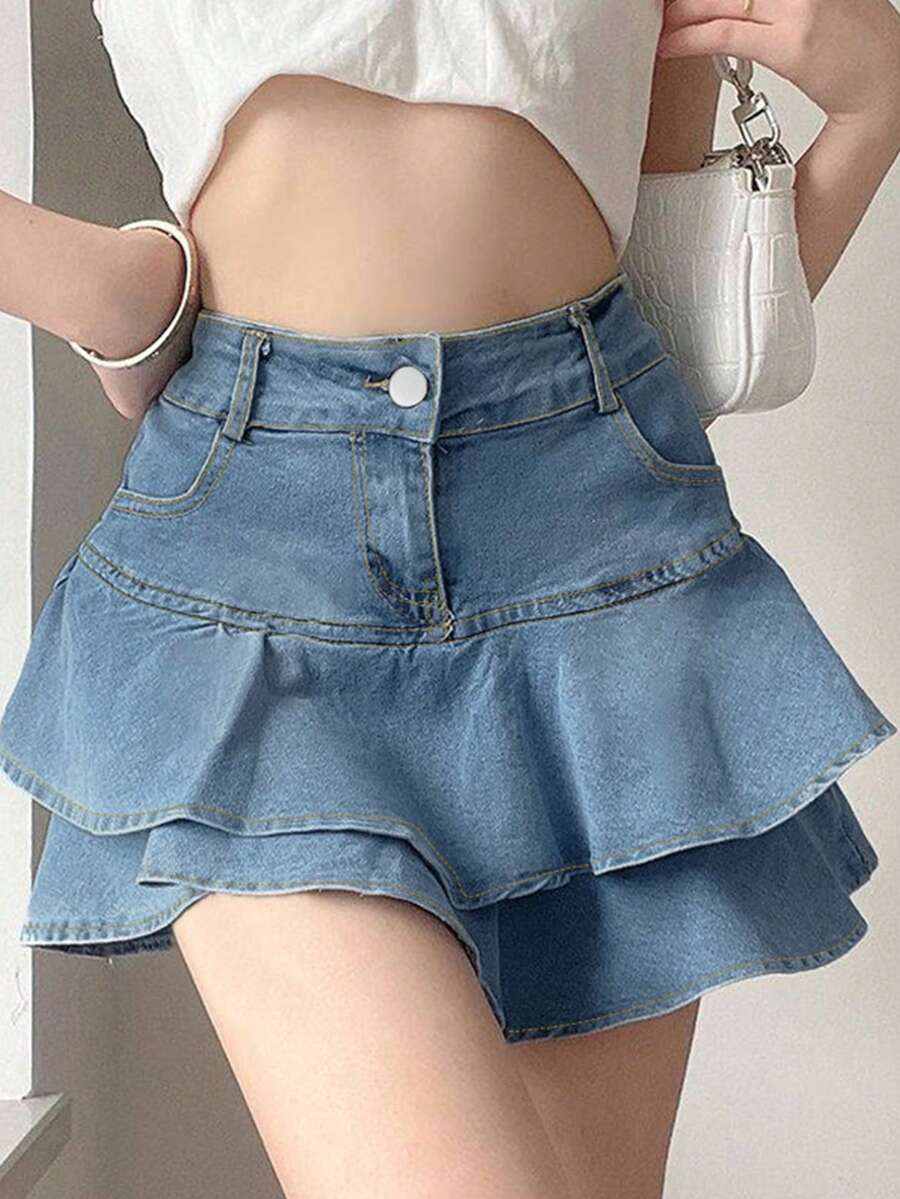 女性時尚Y2K雙層邊條牛仔迷你裙