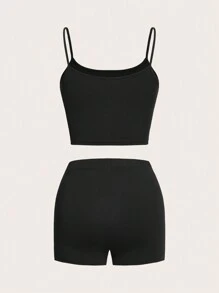 Slaydiva Casual Minimalist Funny Colorful Rainbow Letter Print Camisole And Tight Shorts 2 Pieces Set, Suitable For Summer - Black - View 3
