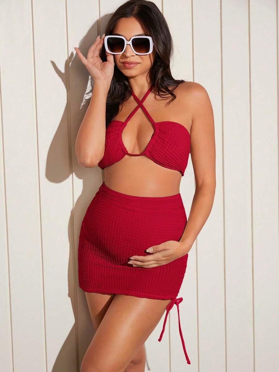 SHEIN Maternity Fashionable Summer Solid Halter Neck Bikini Set & Cover Up Skirt,Summer Beach - Red - View 1