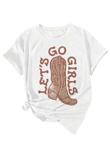SHEIN EZwear Lets Go Girls Western Women Cowboy T Shirt | SHOPBOP Comfortable Color Shirt | Fashionable Bohemian Pattern T Shirt - White - View 3