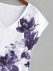 Mulvari Ensemble deux pièces T-shirt imprimé à manches courtes et col en V grande taille avec pantalon long pour le printemps/été - Violet - Voir 4