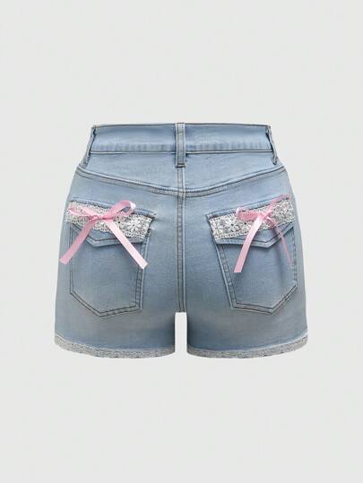 Kawaii Short en jean femme à la mode et doux avec garniture en dentelle et décoration de nœud papillon, pour l'école