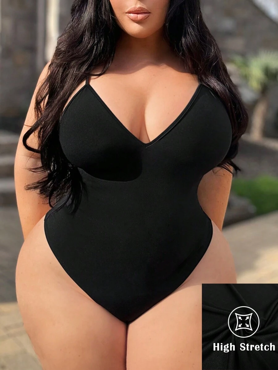 SHEIN LUNE 大尺碼夏季時尚純色修身Cami連體衣 - 黑色 - 查看 1