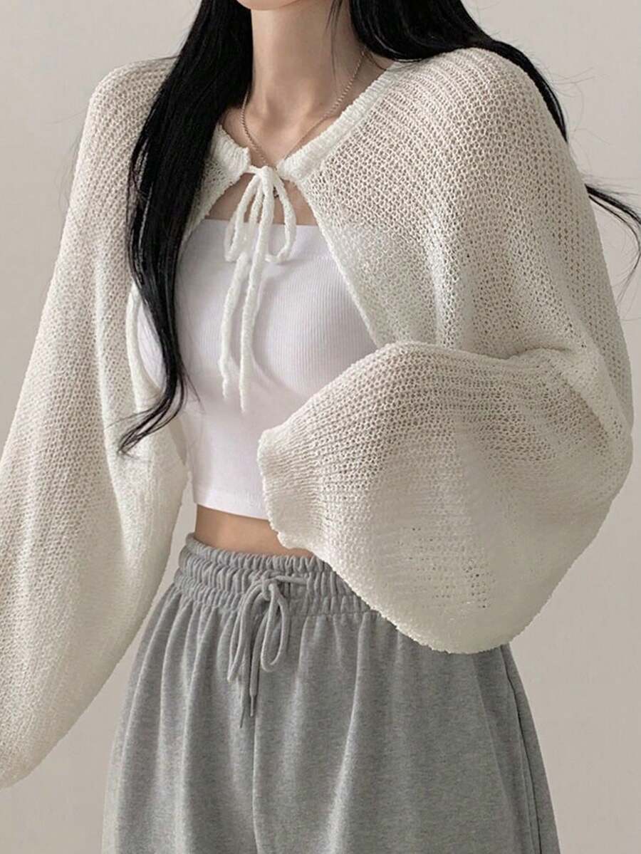 Chaqueta de punto de manga larga con lazo de cordón de unicolor, estilo de moda para chicas - Beis - Ver 1