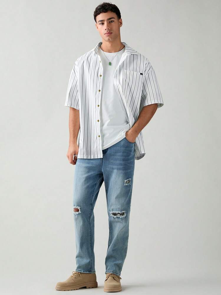 Men Summer Woven Striped Button-Front Short Sleeve Casual Shirt