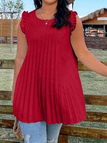 Calvaya Plus Size Women Solid Color Round Neck Flutter Sleeve Loose Pleated Blouse, Summer