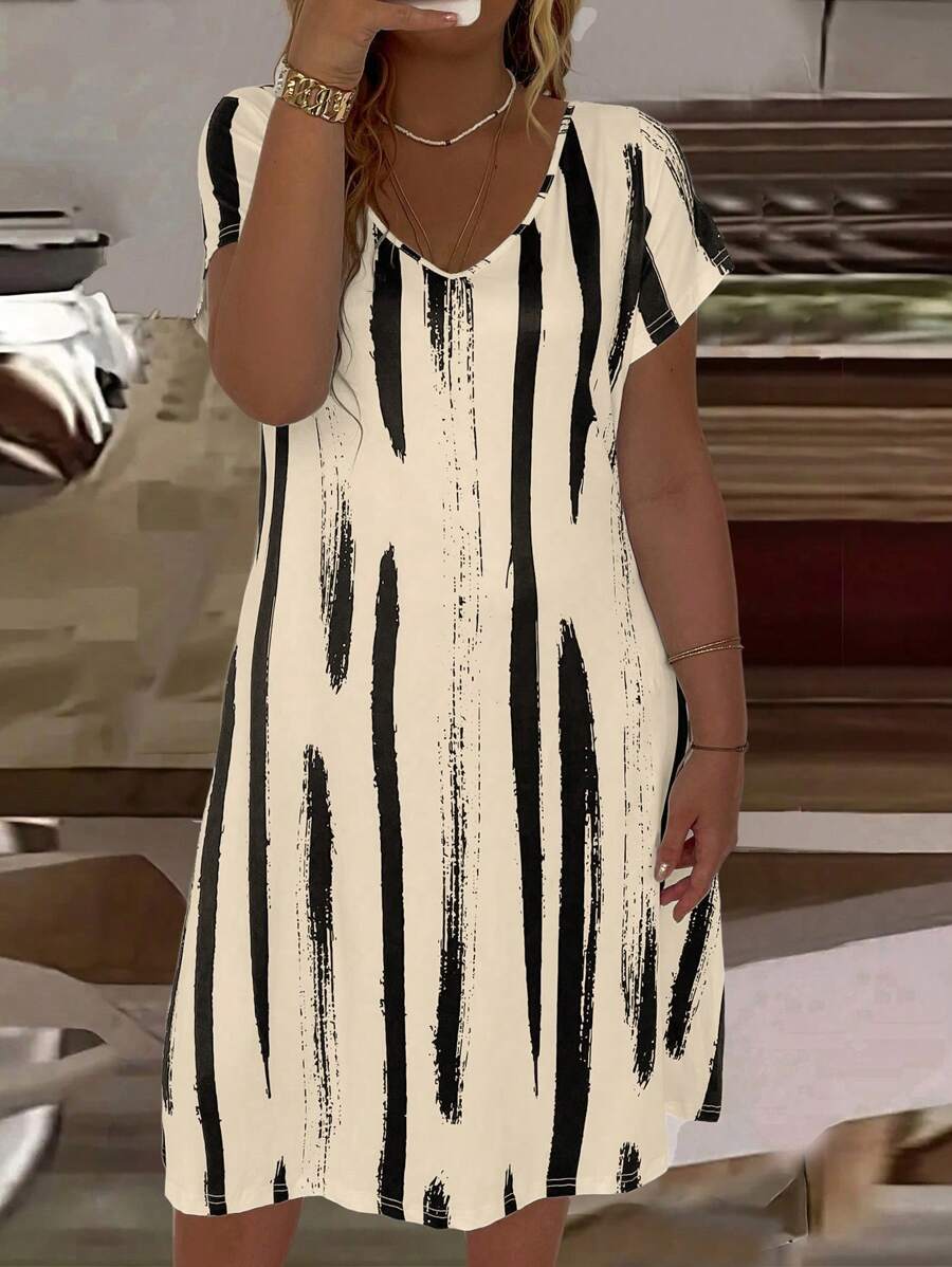 EMERY ROSE Große Größen Damen Sommerkleid Mit Pinsel-Muster, V-ausschnitt, Kurze Ärmel, Lockeres Freizeitkleid