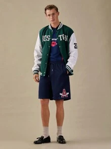 Manfinity VCAY Pantalones cortos casuales para hombres con cintura con cordón y estampado de letras, verano, de vuelta al colegio