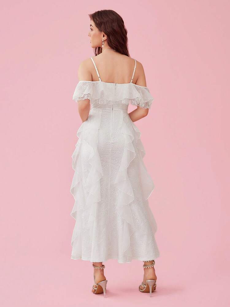 Vestido Longo Feminino de Verão, Elegante, Cor Sólida com Patchwork de Babados em Múltiplas Camadas