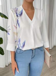 Chiquease Áo sơ mi nữ dài tay cổ chữ V in hoa thanh lịch - trắng - Xem 5