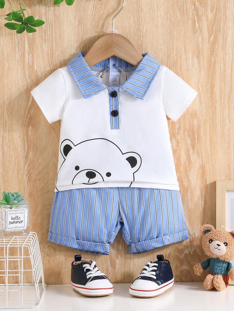 嬰兒女孩2件套裝，夏季可愛熊印花上衣和條紋短褲套裝