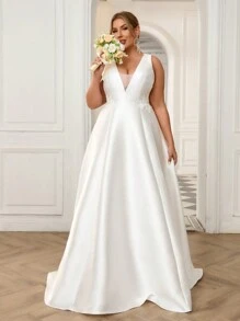 SHEIN Belle Plus Size Simple & Elegant Lace Patchwork Satin Deep V-Neck A-Line Wedding Dress ,White Bridal Dress, Bride - White - View 2