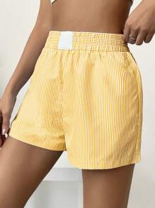 SHEIN EZwear Striped Patterned Elastic Waist Summer Casual Shorts - Yellow - View 5