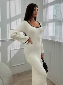 Cloudara Contrast Trim Ribbed Sweetheart Neckline Dress - Beige - View 6