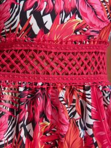 SHEIN Teen Girl Màu Đỏ Nhiệt Đới Thực Vật & Động Vật In Rỗng Dây Thắt Lưng Ngày Lễ Thường Ngày Áo Dài - Đỏ - Xem 4