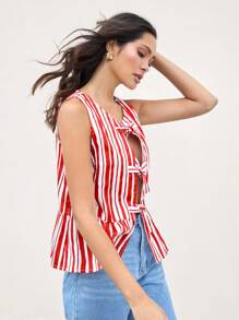 COSMINA Women Cotton Red And White Striped Printed Hollow Out Sexy Casual Sleeveless Tie-Up Peplum Blouse With Round Neck FAll - Red and White - View 2