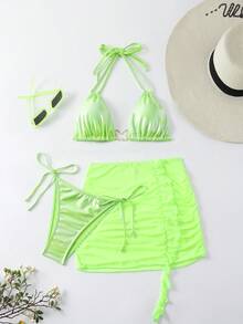 Swim SXY 女士3入組露背霓虹比基尼套裝，適用於海灘假期，夏季沙灘 - 青檸色 - 查看 6