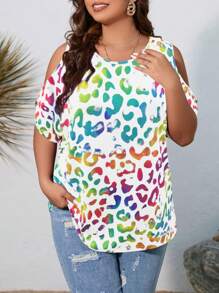 SHEIN LUNE 女性加大尺碼時尚多彩豹紋印花露肩寬鬆T恤 - 彩色 - 查看 1