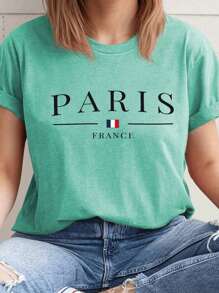 INAWLY Plus Size Simple Print Round-Neck Short-Sleeved T-Shirt For Daily Wear PARIS FRANCE Graphic Tees Women Tops, For Summer