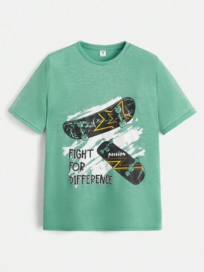 SHEIN Tween Boys Extended Size Skateboard Printed Crew Neck Short Sleeve T-Shirt