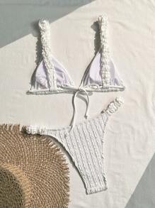 Swim Mod Women Summer Beach Fashion Solid Textured Bikini Swimwear Set - White - View 2