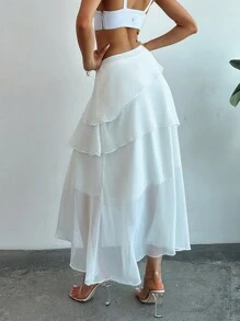 Firerie Falda decorativa en capas de unicolor elegante con volantes para primavera y verano, ajustada