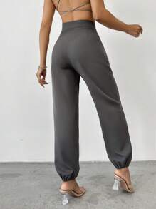 EURMUSE Women Double Buttoned Grey Pants With Elastic Leg Details - Grey - View 2