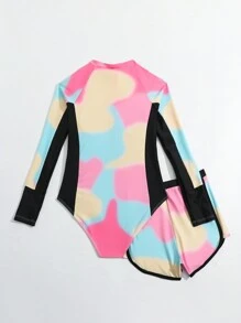 SHEIN Teen Girl Colorful Printed One-Piece Swimsuit With Half Zipper And Swimming Trunks