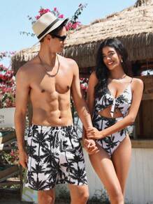Manfinity VDAYZ 1 pièce Short de plage à cordon de serrage avec graphique pour hommes (imprimé coupe aléatoire). Short de piscine pour la plage, les vacances, les maillots de bain assortis pour couples, Hawaïen