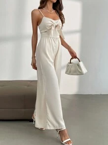 SHEIN Privé Women Deep U Neck Front Tied Spaghetti Strap Wide Leg Jumpsuit - Champagne - View 3