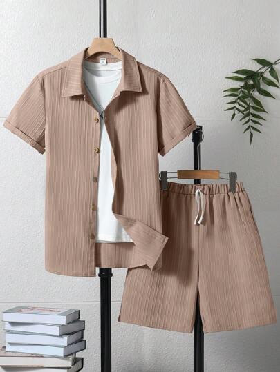 Teen Boy Fashionable Solid Color Short Sleeve Shirt And Shorts Set